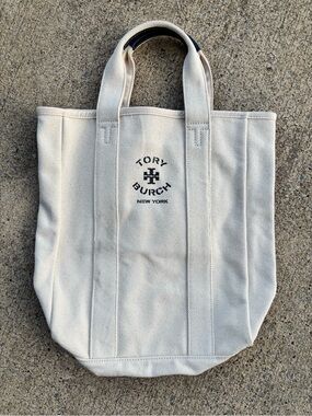 Tory Burch Natural Canvas Tote with Navy Logo
